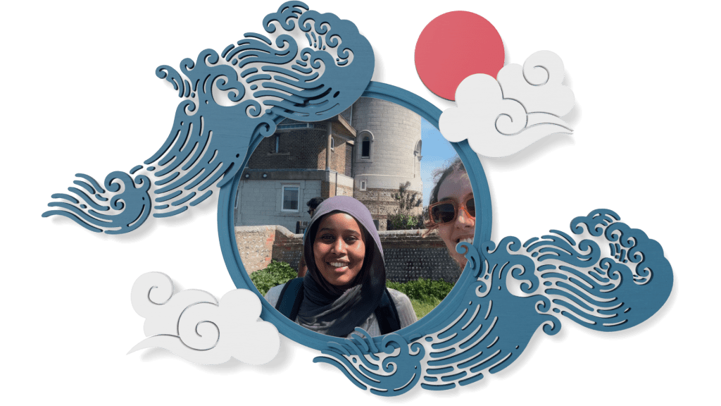Annie and Hoden at Belle Tout Lighthouse, East Sussex, within a circular frame surrounded by waves, clouds, and the sun.